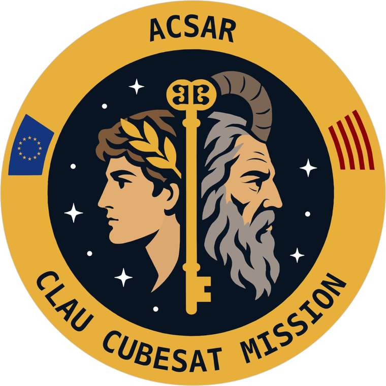 Emblema de la missió CLAU: una clau daurada entre dues cares clàssiques sobre fons estelat